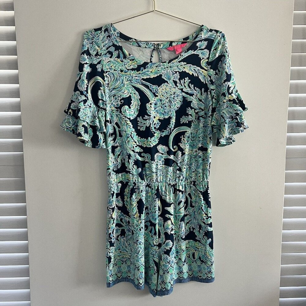 LILLY PULITZER Lula Romper High Tide Scuba Doo Ruffle Blue Navy Paisley Medium